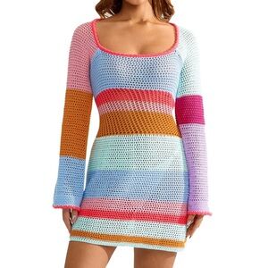 Crochet Knit Mini Dress Long Sleeve Colorful Mesh Cover Ups Casual Sweater Dress